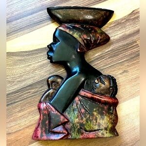 African Tribal Woman Carrying 2 Babies Hand Carved Wood Wall Art Ghana